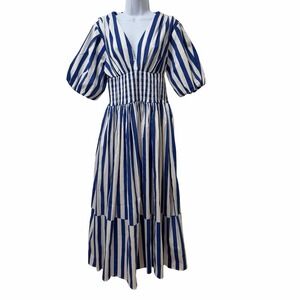 AYR Womens The Extra Extra Smocked Tiered Maxi Dress Size M Marais Blue Stripe